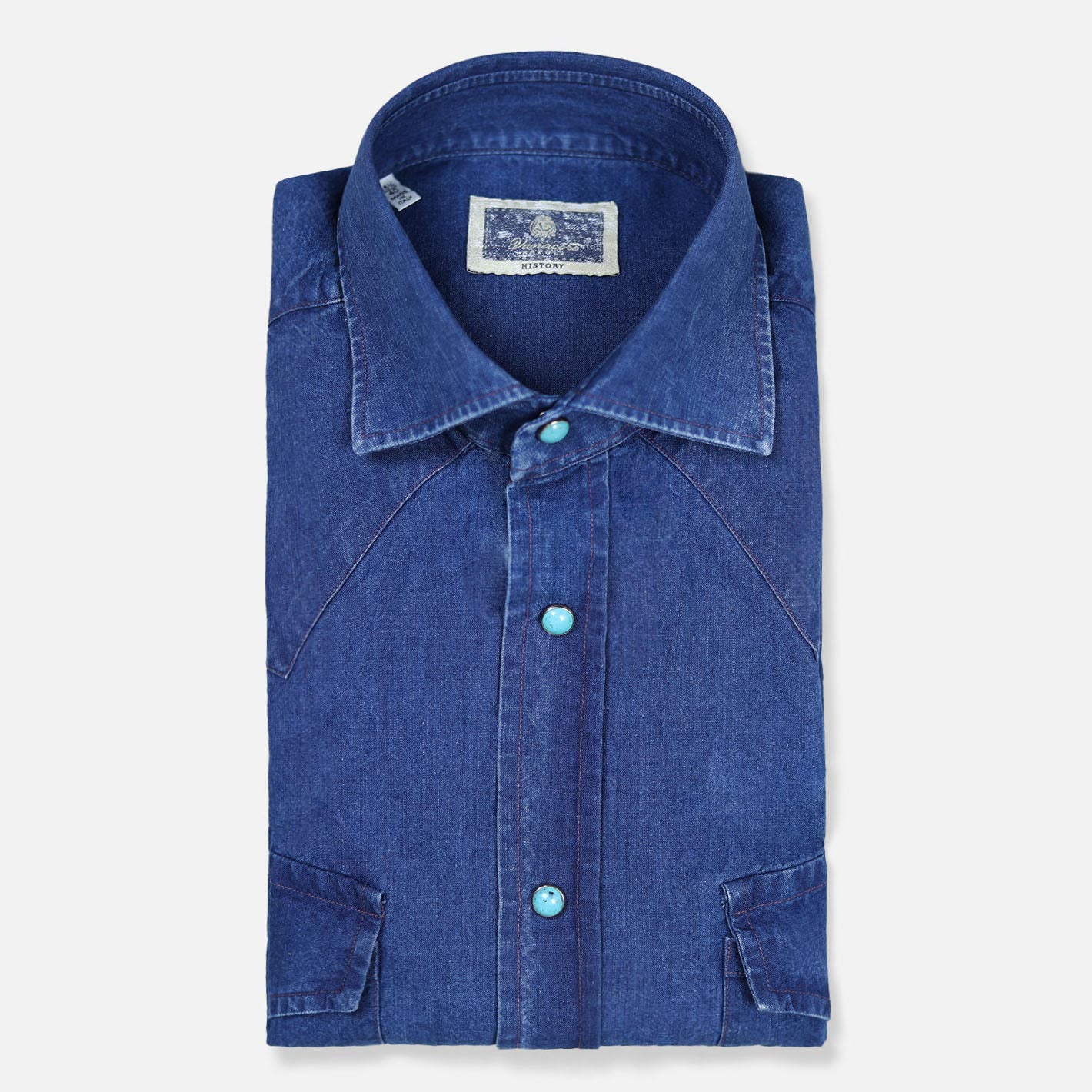 Indigo blue denim western-style shirt for men – handmade by Vanacore Napoli