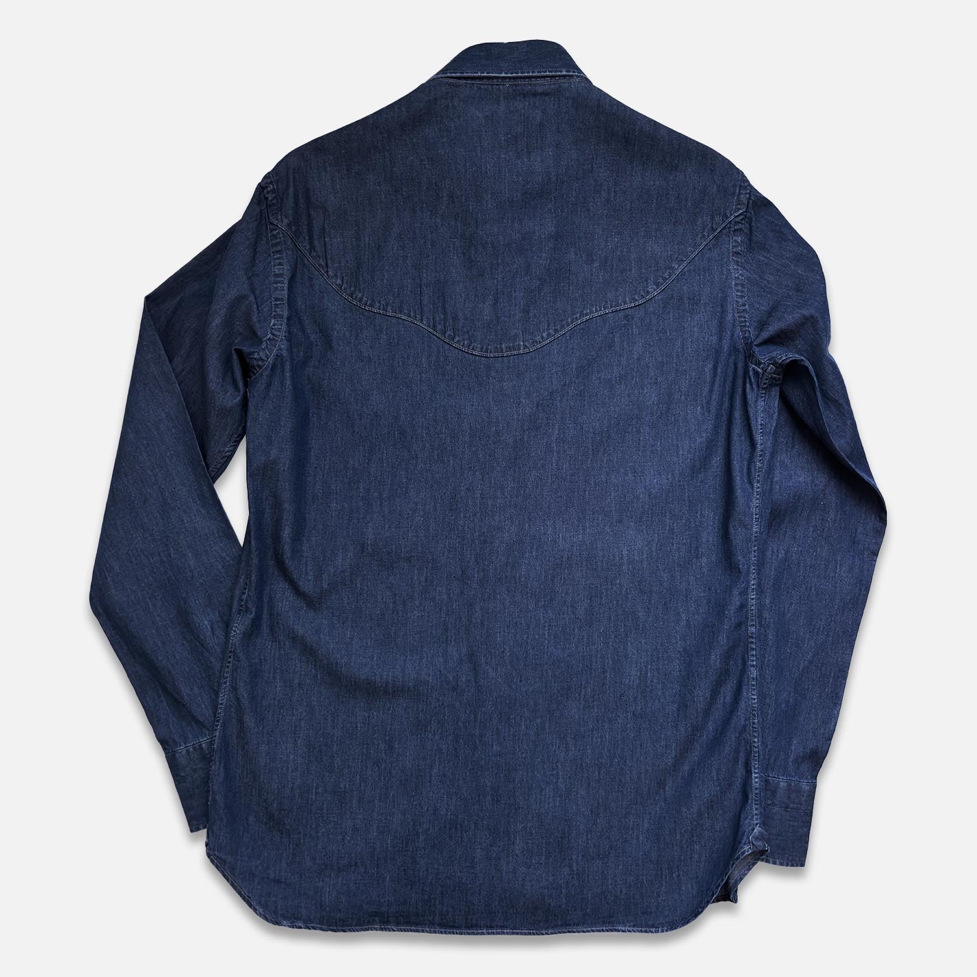 Dark blue denim shirt for men with curved yoke – handcrafted in Naples by Vanacore