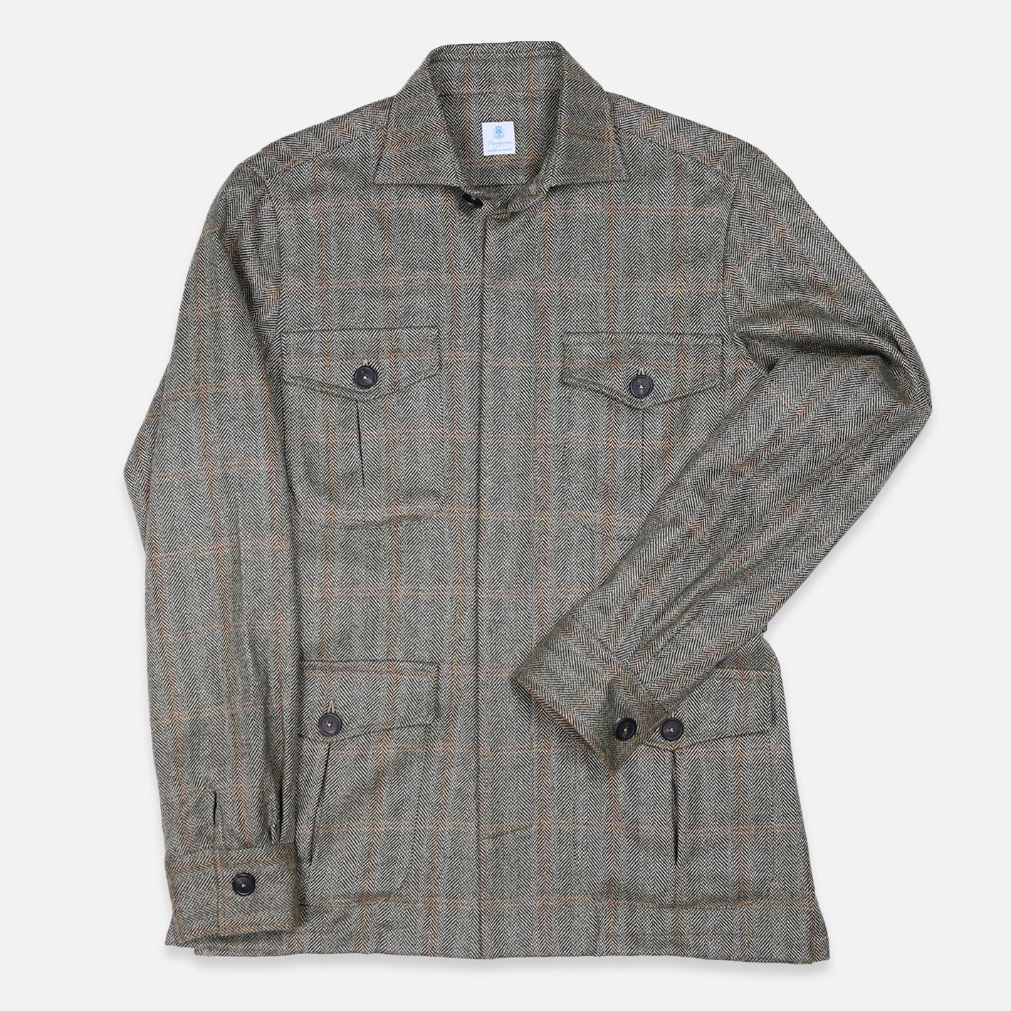 Grey and yellow herringbone cashmere safari jacket with flap pockets – Vanacore Napoli
