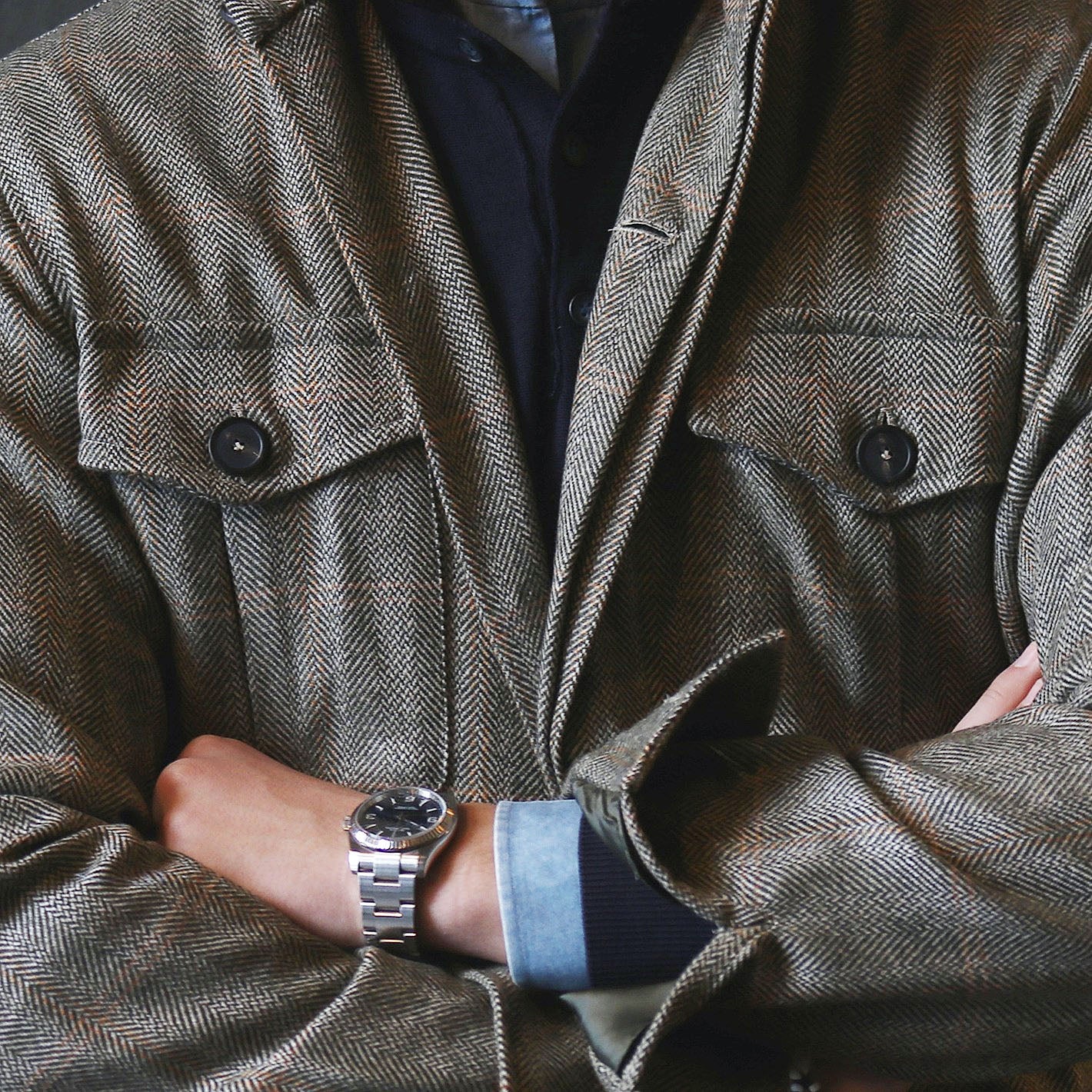 Grey and yellow herringbone cashmere safari jacket with flap pockets – Vanacore Napoli