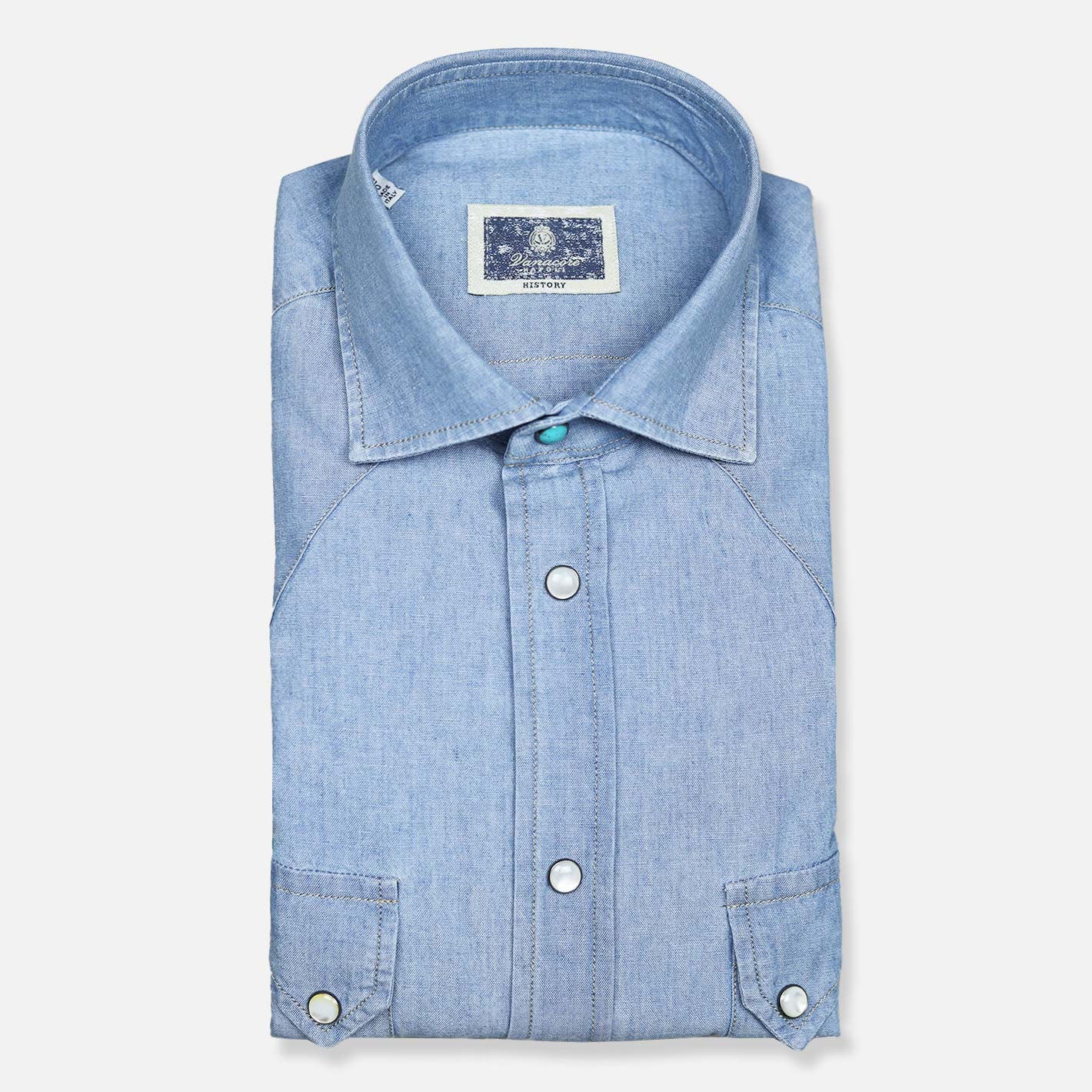 Light blue  denim shirt with sawtooth western-style yoke – Vanacore Napoli