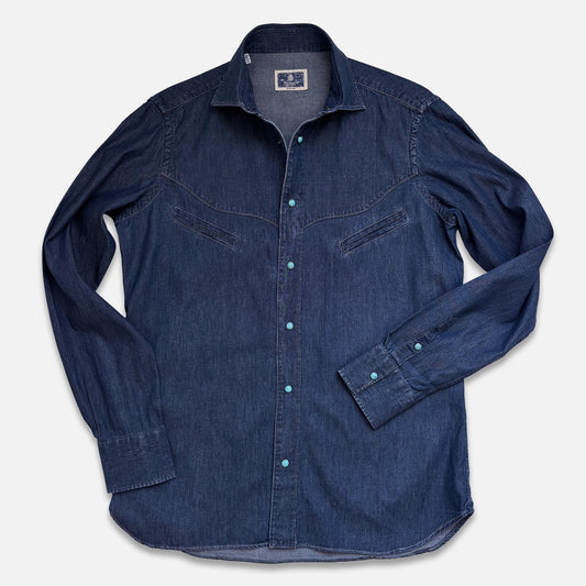 Dark blue denim shirt for men with curved yoke – handcrafted in Naples by Vanacore
