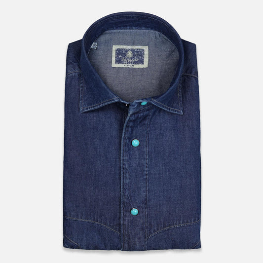 Dark blue denim shirt for men with curved yoke – handcrafted in Naples by Vanacore