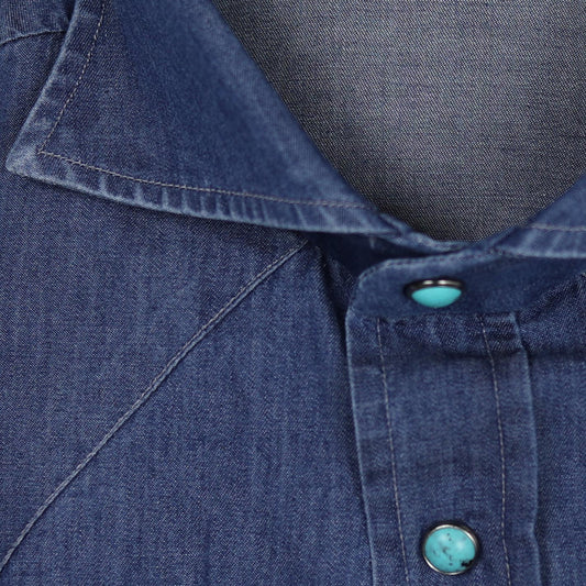 Blue denim shirt for men with cutaway collar – handcrafted in Naples by Vanacore