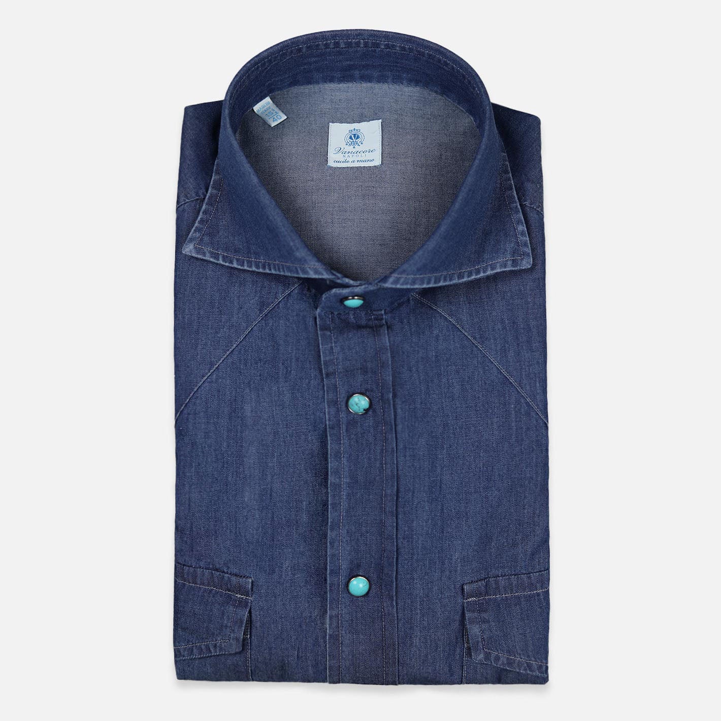 Blue denim shirt for men with cutaway collar – handcrafted in Naples by Vanacore 