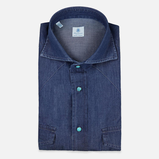 Blue denim shirt for men with cutaway collar – handcrafted in Naples by Vanacore 