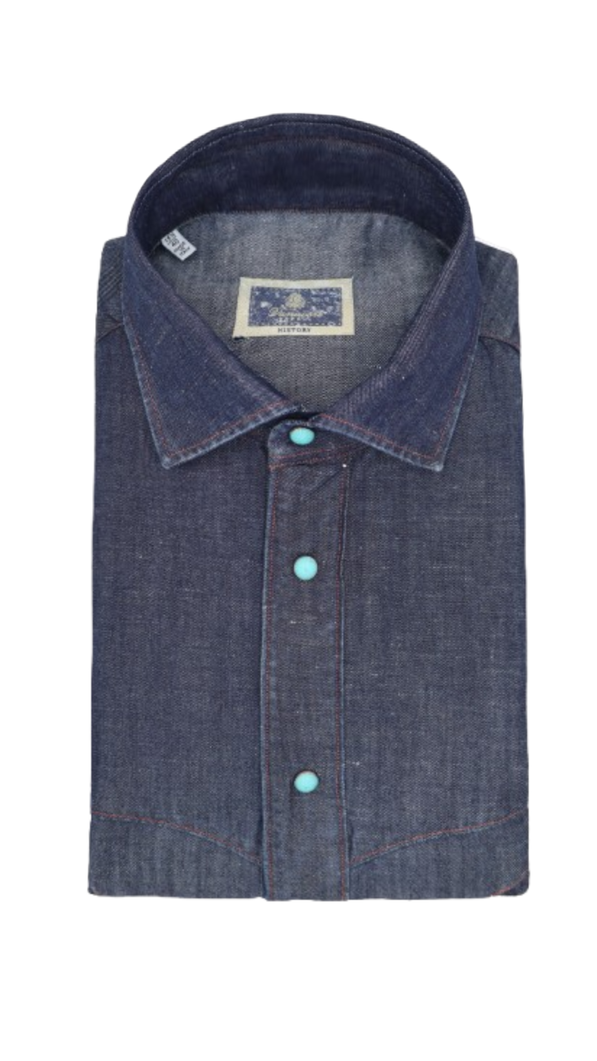 Vintage dark blue stone-washed denim shirt with curved yoke – handmade by Vanacore Napoli
