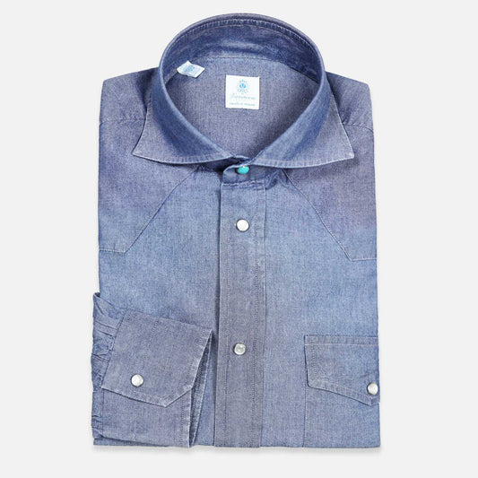 Camicia da rodeo in chambray lavato blu medio