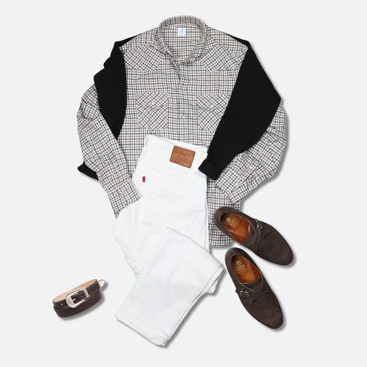 Beige Checked Cotton Flannel Rodeo Shirt | Vanacore