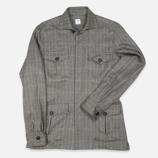Grey and yellow herringbone cashmere safari jacket with flap pockets – Vanacore Napoli
