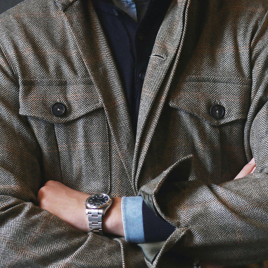 Grey and yellow herringbone cashmere safari jacket with flap pockets – Vanacore Napoli