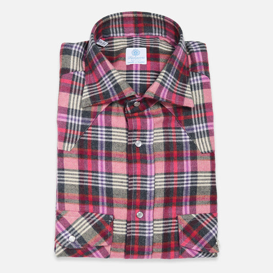 Pink Red Black Checked Cotton Flannel Rodeo Shirt